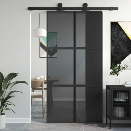 Emmtore Puerta corredera vidrio templado y aluminio negra 102,5x205 cm, 3x2 rejillas