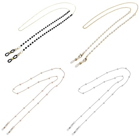 KLINNA 4 Stück Perlen Brillenkette Damen, Gold Silber Glasses Chain Modische Sonnenbrillen Kette,Rutschfeste Anti Lost Brillenkette, Maskenkette,Brillen Kettenband Brillenband für Brille Lesebrillen