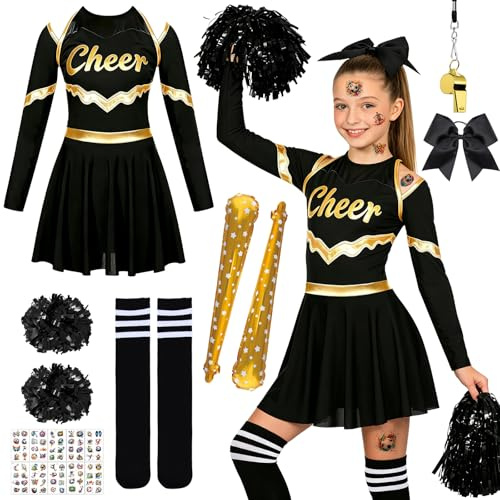 TOYTOPIE Cheerleader Kostüm Kinder, Langarm Cheerleading Kleid Mädchen mit Pompoms, Socken, Inflatable Stick, Kopfschmuck, Fußball Tattoos und Pfeife für Karneval, Cosplay-Partys, Mottoparty