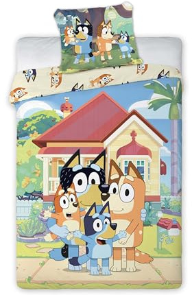 Bluey Wende-Bettwäsche-Set Bettbezug 135x200 Kissenbezug 80x80 Kinder | 100% Baumwolle, Family-Time Motiv, Bingo Chilli Bandit Charaktere