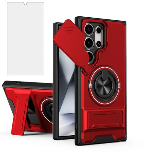 Asuwish Phone Case for Samsung Galaxy S24 Ultra 5G Slide Camera Cover with Tempered Glass Screen Protector and Magnetic Ring Holder Stand Hybrid Shockproof Mobile Cell S24Ultra 24S S 24 24Ultra Red
