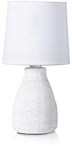 BRUBAKER Tischlampe Nachttischlampe - 28 cm - Weiß - Keramik Lampenfuß - Baumwoll Schirm - Landhaus Shabby Chic