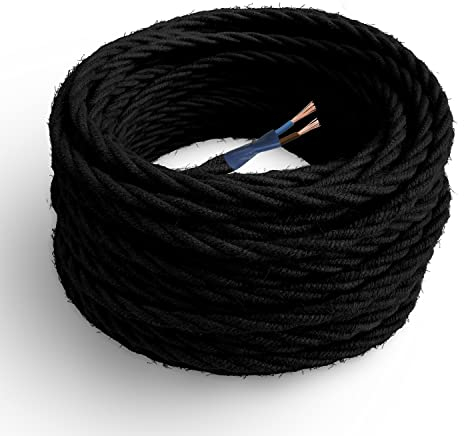 Amarcords - Câble électrique textile couleur NOIR, torsadé, jute, 10 mètres, à 2 brins 2x0,75 - Fil vintage en tissu coloré, pour lampes, lustres, appliques et abat-jours.