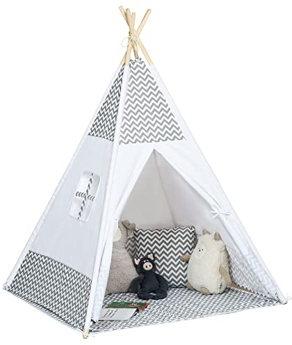 HOMCOM Indianer Tipi Spielzelt 1.2L x 1.2W x 1.55H m Grau Weiß | Kindergrafikstil, wiederverschließbare Tür, Fenster, Teppich, Kissen, Tragetasche inklusive, Innen/Außen.