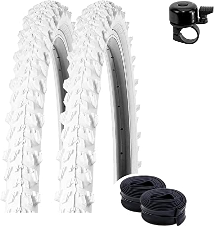 2 x Kenda K-829 26 MTB Fahrradreifen in Weiß 50-559 (26 x 1.95) + 2 passende Schläuche AV inkl. maxxi4you Fahrradklingel
