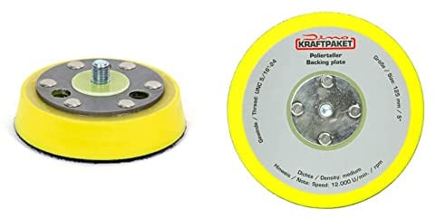 Dino KRAFTPAKET 640345 75 mm-5/16-24 Trägerplatte (7,5 cm), gelb, 75mm (3 Inch) & 640259 125mm-Stützteller-5/16-24 mit Klett Polierteller für Exzenter Poliermaschine 600W-8mm, 650W-9mm Hub, Gelb