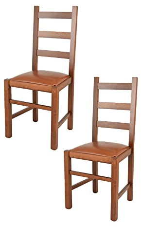 Tommychairs - 2er Set Stühle RUSTICA für Küche und Esszimmer, Struktur aus Buchenholz, in der Farbe Hell Nussbraun und gepolsterte Sitzfläche mit Kunstleder in der Farbe Hell Lederfarbe bezogen