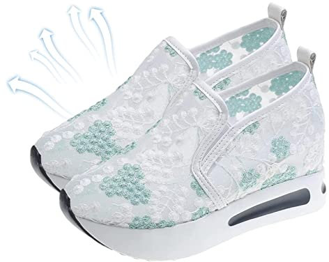 Teksome Zapatillas sin Cordones para Mujer - Deportivas Cuña con Bordado,Zapatos sin Malla Zapatos Casuales Malla Encaje Primavera Transpirable