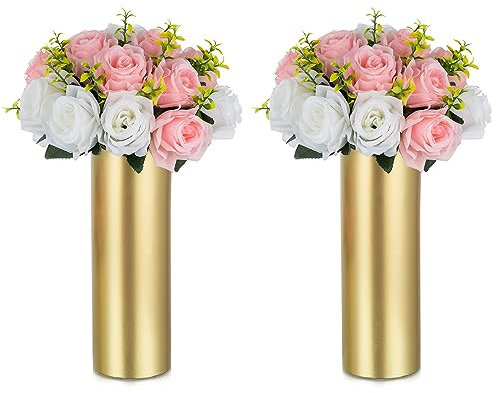 NUPTIO Vaso Oro Centrotavola Matrimonio: 2 Pezzi 32cm Vasi per Fiori Moderni Fiori Finti Tavola Alto Metallo Floreale Rosa Tavola da Pranzo Feste Ricevimento Estetica