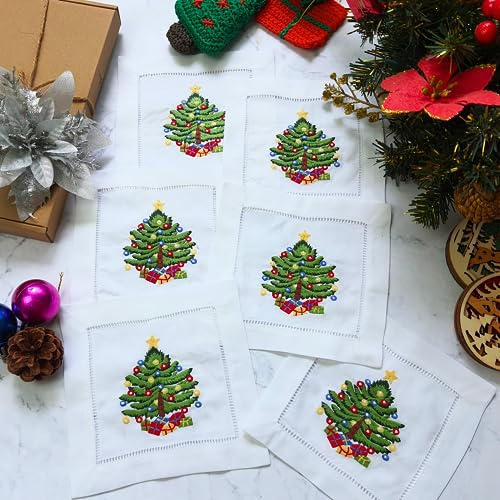 HCRAFT Bestickte weiße Cocktail-Servietten, 15,2 x 15,2 cm, 6 Stück, Stoffservietten, Untersetzer, Weihnachtsbaum, bestickte Cocktail-Servietten für Weihnachten, Cocktail-Servietten, Partys,