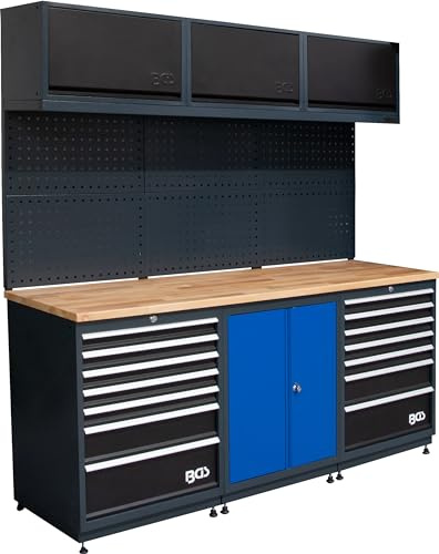 BGS 80100 | Schrankwand-System | Starter-Paket | Holz | 3 Module | 14 Schubladen | 100 % Auszug | Massivholz-Arbeitsplatte 30 mm | Lochwandaufbau | freistehend | LED-Beleuchtung
