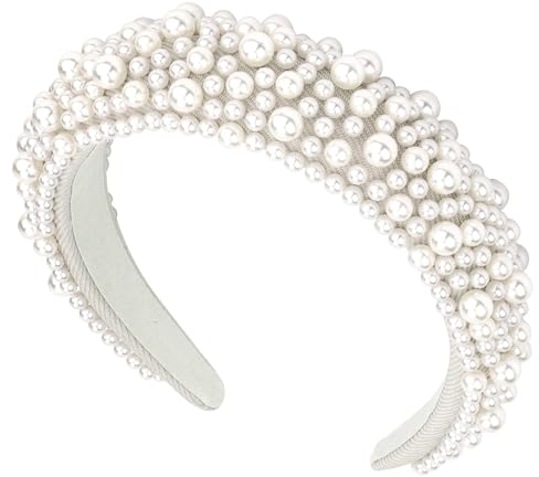 LMITYUEY Weiße Perlen Haarreifen, Bride Haarreif, Perlen Braut Haarbänder, Bride Kopfschmuck, Damen Breites Dickes Stirnband, für Valentine, Bachelor-Party, Freundinnenparty