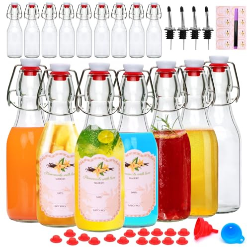 QAPPDA 16 Pack 8 oz Swing Top Glass Bottles with Stoppers with Caps,Flip Top Beer Brewing Bottles for Homemade Kombucha, Vanilla Extract, Infused Oil, Vinegar, Tea