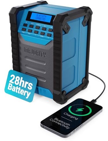 Portable Work Radio DAB | Rechargeable (12V 2A plug) Internal 10,000mAh USB Power Bank | Bluetooth, FM, 30 Presets, Powerful Speaker, Bass Boost | IP54 Dust & Water Proof radio | Majority Landbeach