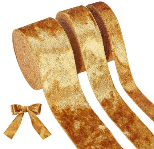 BENECREAT 15 Yards/13.7m 3 Styles Goldenrod Velvet Ribbon, Gold Crushed Velvet Christmas Velvet Ribbon for Gift Wrapping Tree Decoration Crafts Wreaths Supplies