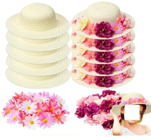 AiQima Juego de 6 a 20 Sombreros de Paja Hechos a Mano con Flores for Fiestas de té, Sombreros de Vaquero con Cerezas for niñas, Sombreros de Vestir for niños, Regalo de Boda, 11 Pulgadas(6PCS)