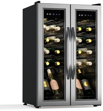 KLARSTEIN Vinamour - Frigorifero per Vino a 2 Zone - 24 Bottiglie, 5-18°C, Controllo Touch, Illuminazione LED, a Libera Installazione, Doppio Sportello in Acciaio Inox, Frigorifero per Vino