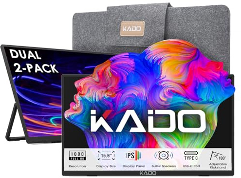 Kado 2-Pack 15.6-inch FHD Portable Monitor for Laptop 1920x1080 IPS Screen | Triple Monitor mini-HDMI USB Type-C Laptop 2nd Display Built-in Speakers, Extended Mode Stacked Desk Setup for Office Gaming
