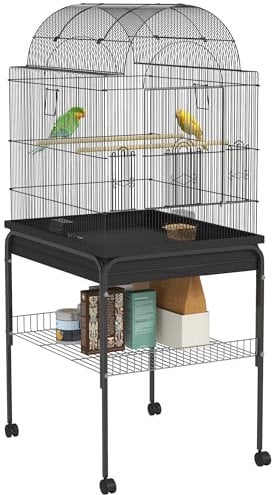 PawHut Vogelkäfig Wellensittichkäfig mit Tablett, Ablagefläche, Futternapf, Papagei Käfig mit Rollen für Wellensittich, Kanarien, Nymphensittich, Stahl 63 x 53 x 144 cm Schwarz