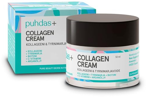 puhdas+ Kollagen Gesichtscreme 50 ml | Collagen Cream mit Vitamin C, Biotin & Sanddorn | Feuchtigkeitscreme Gesicht gegen trockene Haut | Arganöl Pflege aus Finnland
