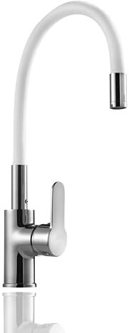 HOMSSY Grifo de Cocina Flexible Blanco, Caño Alto y Ajustable 360°, Acero Inoxidable Recubierto en Caucho, Cuerpo de Latón, Grifo Monomando para Fregadero (Blanco)