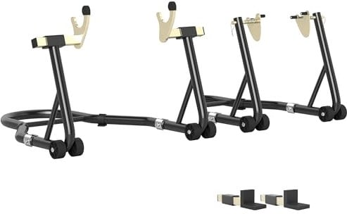 HOMCOM Set 2 Cavalletti Alzamoto Regolabili a Triangolo con Capacità di 390 kg, Cavalletti per Moto Posteriore e Anteriore in Acciaio con Rotelle e Forcelle a U e L, per Garage e Officina, Nero