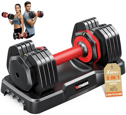 XDDIAS Verstellbare Hanteln Set 2 bis 11 kg/6,5 bis 24,5 kg – 5-in-1 Kurzhanteln mit 1 Sekunde Schnellverstellung, Platzsparende Dumbbell Set mit Rutschfestem Griff für Home Gym Gewichte Hantel