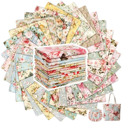 Tatuo 30er Set Baumwollstoff 25 x 25 cm Blumen zum Quilten, Vintage Rose | Quadratische Baumwollstoffbündel, Verschiedene Blumenmuster, Ideal für DIY Nähen, Patchwork, Quilten, Handwerk