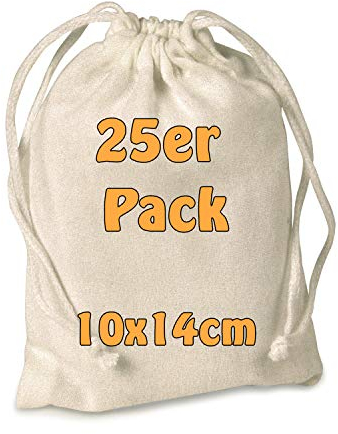 Cottonbagjoe Baumwollbeutel Stoffbeutel Stoffsäckchen mit Kordelzug Adventskalendersäckchen Schmuck Kosmetikbeutel Basteln 10x14cm (Natur, 25 Stück)