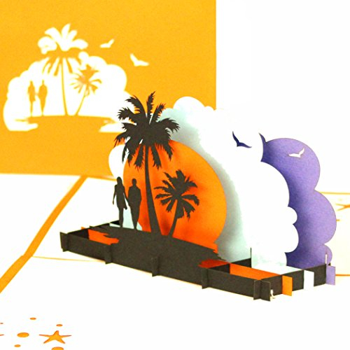 3D Pop-Up Karte Love´s Beach Sunset Verlobungskarte, Valentinskarte, Hochzeitskarte, Reisegutschein, Hotelgutschein, Hochzeitsreise zur Hochzeit & zum Geburtstag