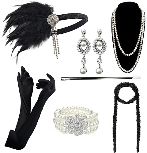 DRESHOW Damen 1920er Accessoires Set Flapper Kostüm Gatsby Feder Lange Halskette Handschuhe Stirnband Funkelnde Ohrringe