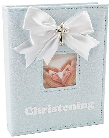 Happy Homewares White Faux-Silk Double Bow and Silver Plated Cross Christening Photo Album in Blue - Holds 60 6x4 Pictures - Gorgeous Christening Gift Idea for Baby Boy