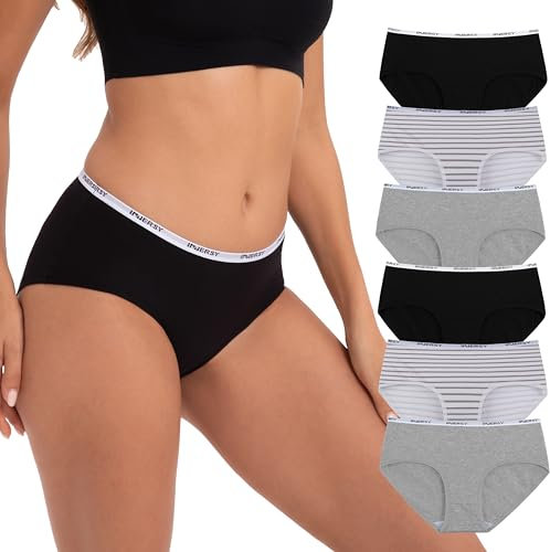 INNERSY Slip Donna Cotone Mutandine Studenti Righe Vita Media Culotte Nero Pacco da 6 (XL-EU 44, Nero/Righe/Grigio)