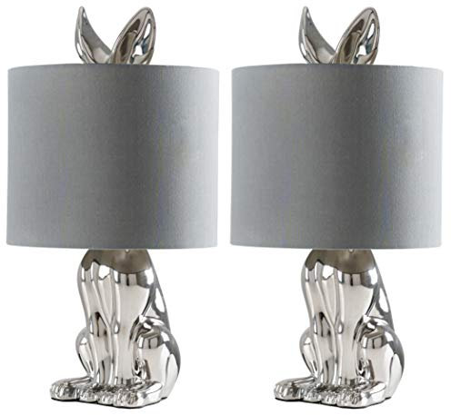 MiniSun | Modern Chrome Ceramic Rabbit/Hare Table Lamps with Grey Shades | Home Décor, Bedside & Desk Lamp | Set of 2