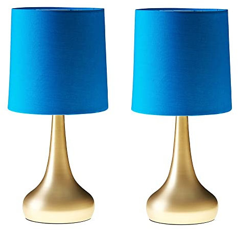 MiniSun | Modern Chrome Teardrop Touch Table Lamps with Blue Fabric Shades | Table Lamps, Home Décor & Improvement Essential | Set of 2 | Includes 5W LED Bulbs [3000K Warm White]