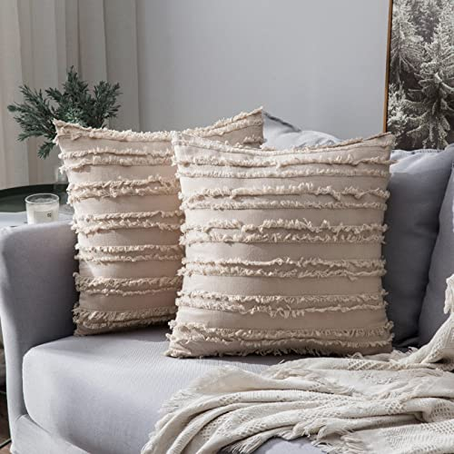 MIULEE 2er Set Boho Kissenbezüge Dekokissen Kissenbezug Sofakissen Quaste Deko Dekorative Kissenhülle Bezug Zierkissenbezug Überzug Fransen für Sofa Couch Wohnzimmer 60x60 cm Beige