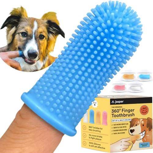 Jasper Dog Toothbrush - 360º Finger Tooth Brush Kit Ergonomic Design, Full Surround Bristles for Easy Teeth Cleaning, Dental Care for Puppies, Cats and Small Pets, 4-Pack Multi-Colored