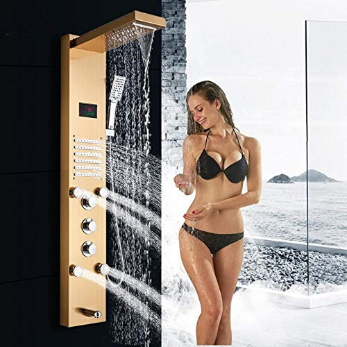 Huin Panneau de douche de bain LED robinet de colonne de douche de pluie cascade dorée écran de température numérique système de douche mélangeur bec de baignoire