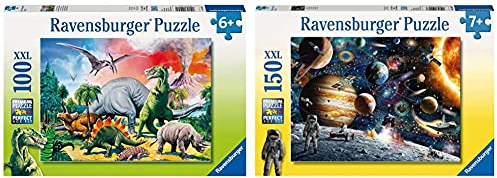 Ravensburger Kinderpuzzle - 10957 Unter Dinosauriern - Dino Puzzle für Kinder ab 6 Jahren, mit 100 Teilen im XXL-Format & Ravensburger Kinderpuzzle 10016 - Im Weltall - 150 Teile