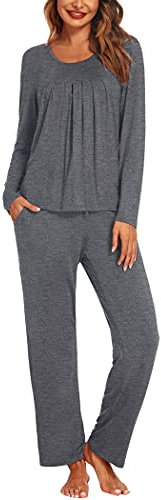 Ekouaer Pigiami Donna Cotone Manica Lunga Pigiama Invernale Due Pezzi Abbigliamento da Notte Tasche con Coulisse, Grigio Scuro, M
