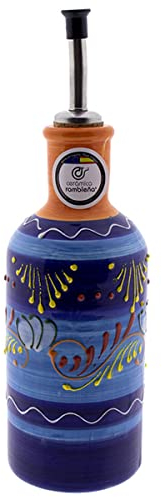 CERÁMICA RAMBLEÑA | Huilier Amazon | Huilier anti-goutte | Huilier céramique décoration Bleu - Modèle 02 | 500 ml | 100% décoré à la main | 7x7x24 cm