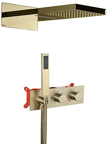 Ksunun Duschsystem Unterputz Set, Regendusche Wandhalterung Brausegarnitur Duschset mit Duschkopf, Handbrause, 150cm Brauseschlauch, Embedded-Box, Gebürstetes Gold