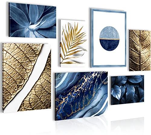 Novart Wandbilder Abstrakt Blumen Blätter - KOMPLETT AUFHÄNGFERTIG - Gold Blau Wohnzimmer Schlafzimmer - 7 Moderne Mood-Bilder - N007071a