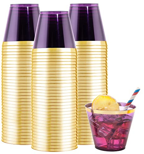 LUODA 150PCS Purple Plastic Cups,9oz Purple Disposable Cups with Gold Rim, Old Fashioned Tumblers Gold Rimmed Plastic Cups for Any occasion: Weddings, Parties, Business Events