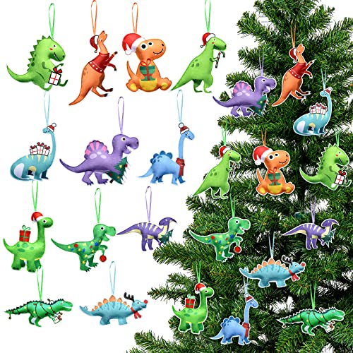 Dino-Ornamente für Weihnachtsbaum, Filz-Dinosaurier, hängende Ornamente, niedlicher Weihnachtsbaumschmuck, Dinosaurier-Ornament für Urlaub, Dinosaurier-Thema, Geburtstagsparty, 12
