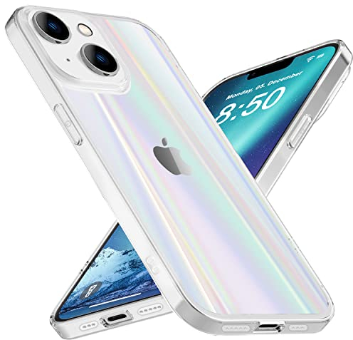 NALIA Klares Hartglas Case kompatibel mit iPhone 14 Plus Hülle, Transparent Regenbogen Effekt Anti-Gelb Kratzfest Tempered Glass & Silikon Bumper, Holografisch Bunt Glänzende Handyhülle Durchsichtig