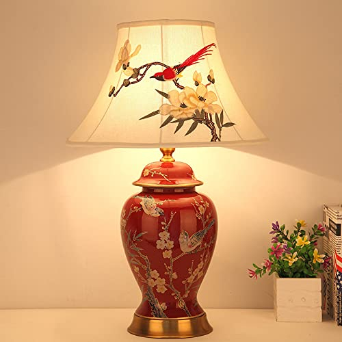 Mengjay Keramik Tischlampe Schlafzimmer Nachttisch Lichtdekoration Schreibtischleuchten,Leichter Körper Tuch Lampenschirm Schlafzimmer Wohnzimmer Tischlampe,Fensterbank lampe Leselampe (Rot)