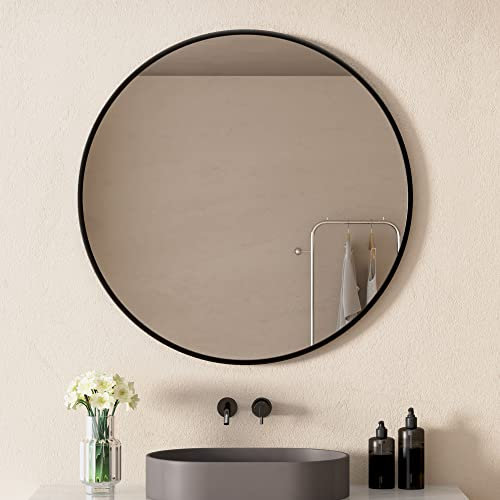 WDWRITTI Rund Spiegel mit Schwarz Metallrahmen HD Wandspiegel aus Glas Schminkspiegel für Badzimmer, Ankleidezimmer oder Wohnzimmer (80cm)