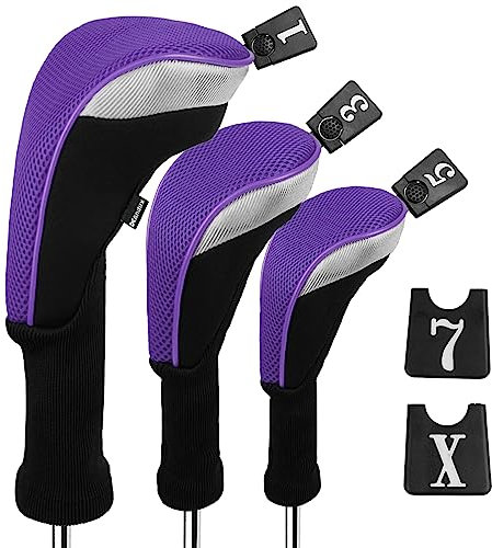 Andux 3pcs/Set Golf 460cc Driver Fairway Wood Club Head Covers Long Neck Black/Purple
