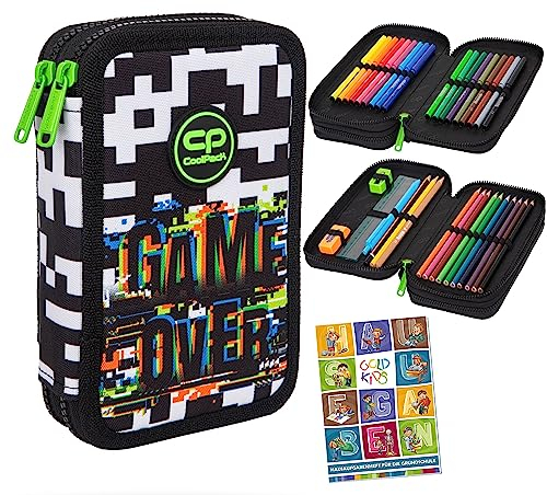Goldkids COOLPACK 2-fache Federtasche Federmappe Federmäppchen Game Over 35-teilig Schüleretui Stifte und Pinsel Fanartikel inkl. Aufgabenheft Federbox Etui Stiftetasche Schlamper-Etui Schul-Etui